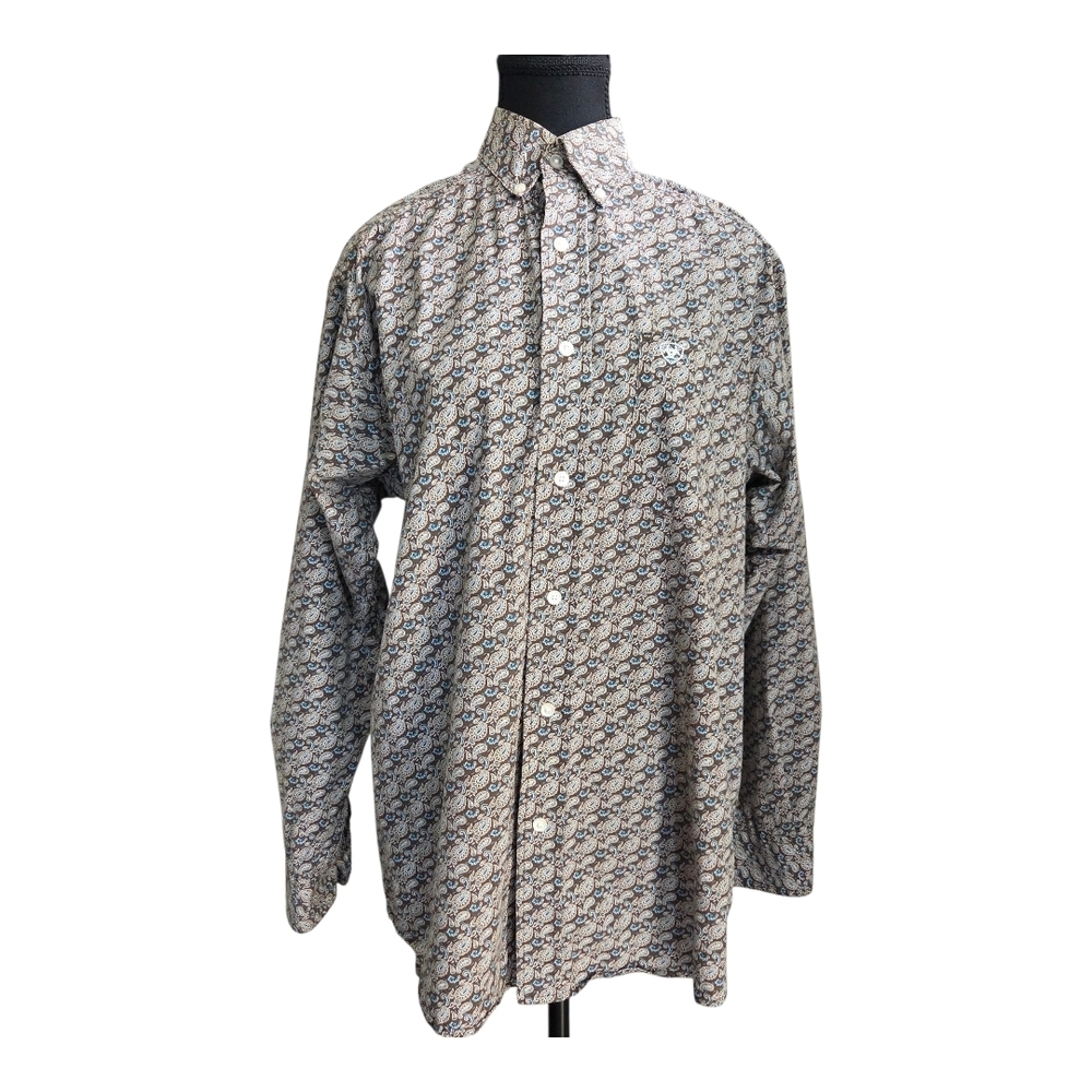 Ariat Mens Brown With Blue Paisley Casual Button Down Shirt Size Small